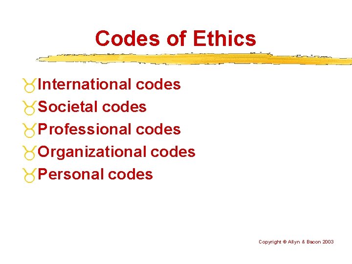 Codes of Ethics International codes Societal codes Professional codes Organizational codes Personal codes Copyright