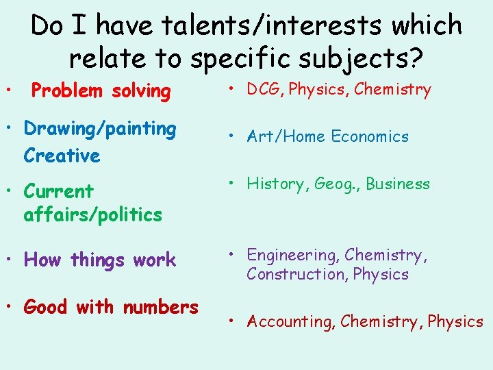 Do I have talents/interests which relate to specific subjects? • Problem solving • DCG,