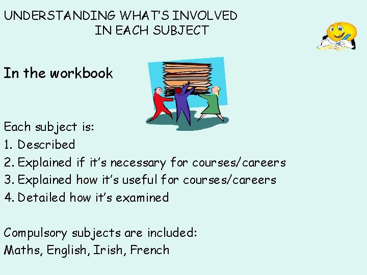 UNDERSTANDING WHAT’S INVOLVED IN EACH SUBJECT In the workbook Each subject is: 1. Described