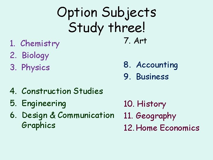 Option Subjects Study three! 1. Chemistry 2. Biology 3. Physics 4. Construction Studies 5.