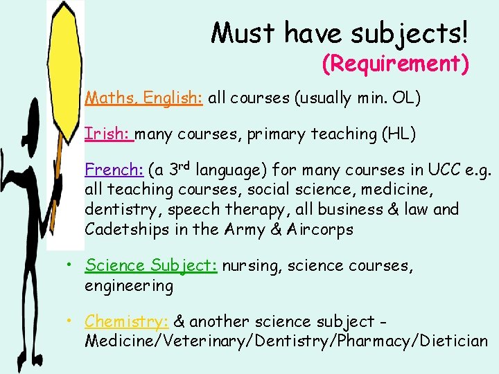 Must have subjects! (Requirement) • Maths, English: all courses (usually min. OL) • Irish: