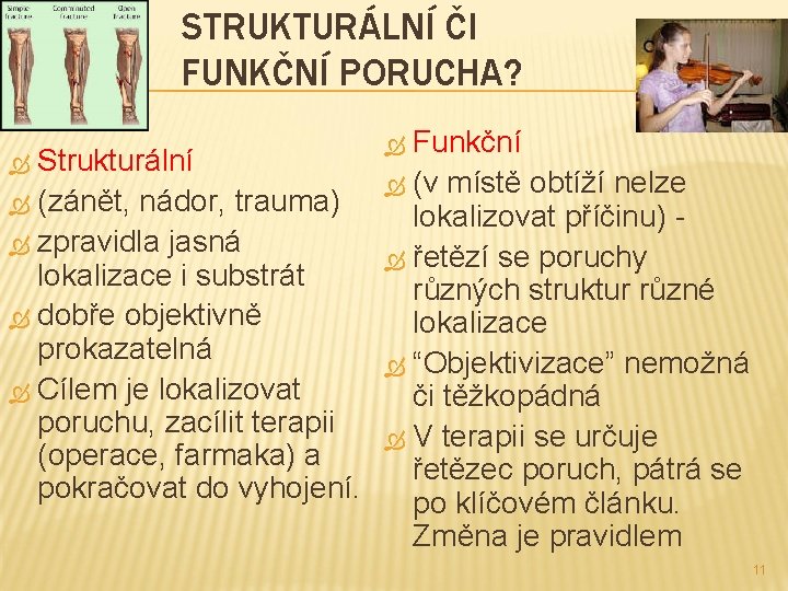 STRUKTURÁLNÍ ČI FUNKČNÍ PORUCHA? Funkční Strukturální (v místě obtíží nelze (zánět, nádor, trauma) lokalizovat