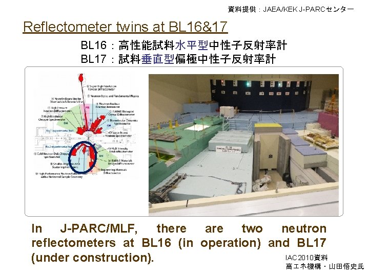 資料提供：JAEA/KEK J-PARCセンター Reflectometer twins at BL 16&17 BL 16：高性能試料水平型中性子反射率計 BL 17：試料垂直型偏極中性子反射率計 In J-PARC/MLF, there