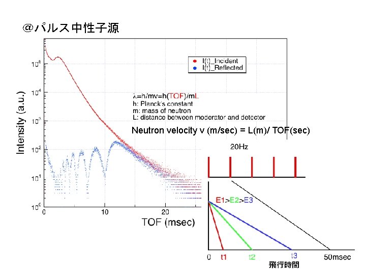 ＠パルス中性子源 Neutron velocity v (m/sec) = L(m)/ TOF(sec) 
