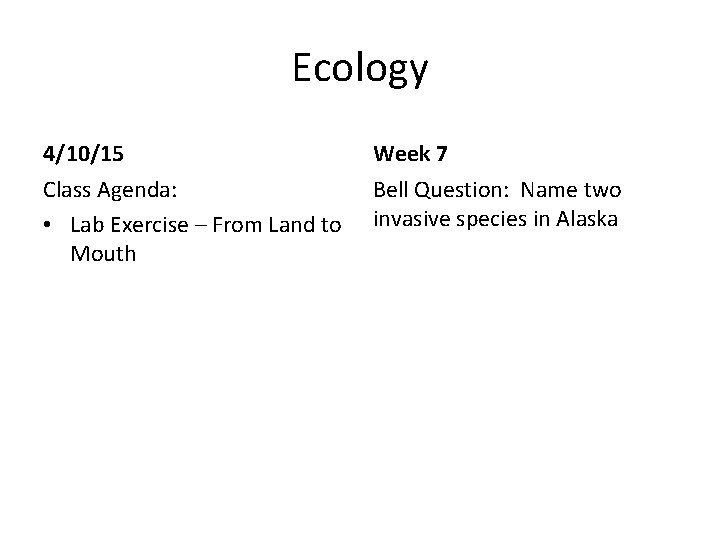 Ecology 4/10/15 Week 7 Class Agenda: • Lab Exercise – From Land to Mouth