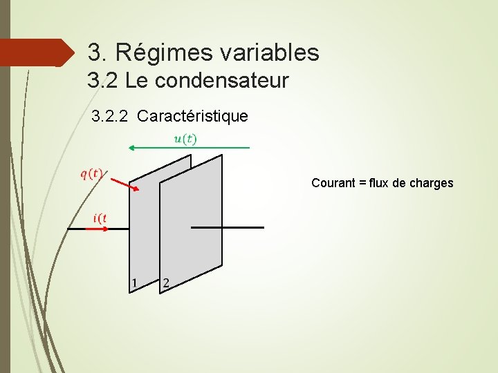 3. Régimes variables 3. 2 Le condensateur 3. 2. 2 Caractéristique Courant = flux