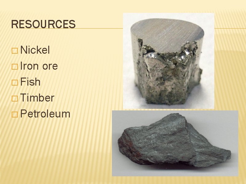RESOURCES � Nickel � Iron ore � Fish � Timber � Petroleum 