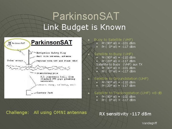 Parkinson. SAT Link Budget is Known u Buoy to Satellite (VHF) • • u