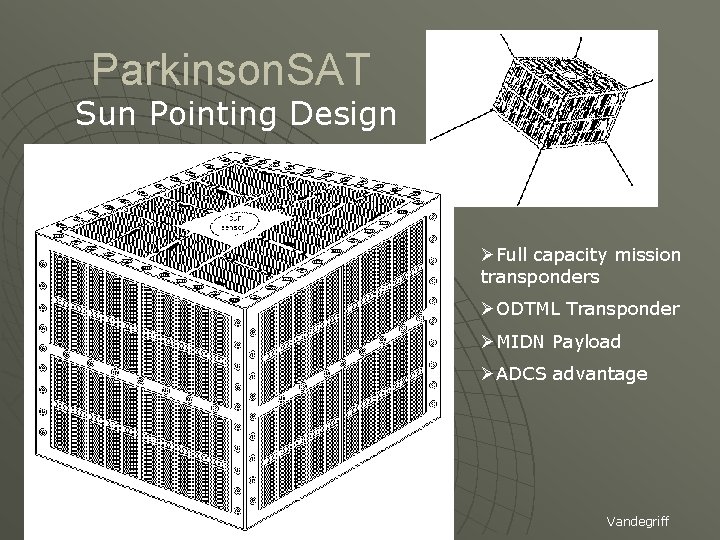 Parkinson. SAT Sun Pointing Design ØFull capacity mission transponders ØODTML Transponder ØMIDN Payload ØADCS