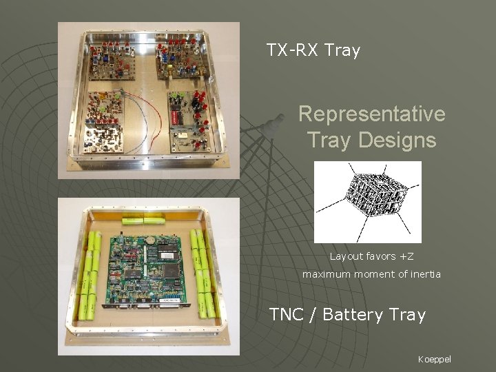 TX-RX Tray Representative Tray Designs Layout favors +Z maximum moment of inertia TNC /