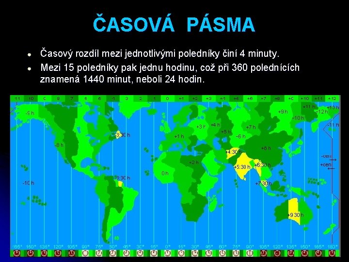 ČASOVÁ PÁSMA ● ● Časový rozdíl mezi jednotlivými poledníky činí 4 minuty. Mezi 15