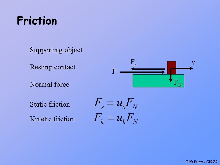 Friction Supporting object Resting contact Normal force Fk v F FN Static friction Kinetic