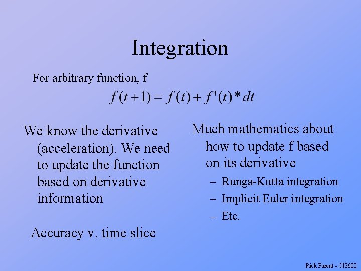 Integration For arbitrary function, f We know the derivative (acceleration). We need to update