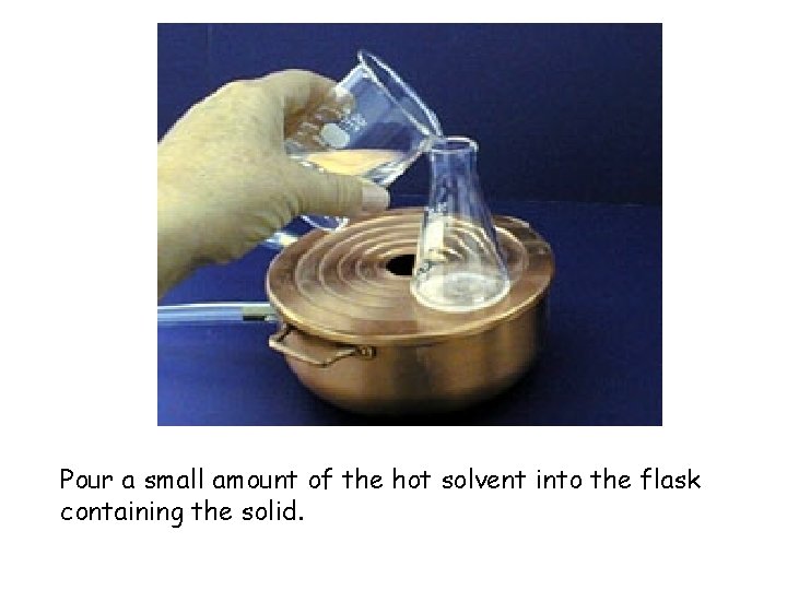 Pour a small amount of the hot solvent into the flask containing the solid.