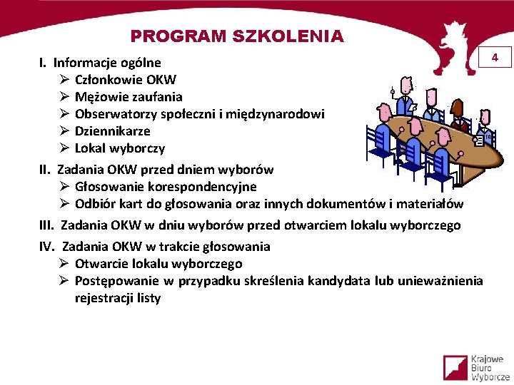 PROGRAM SZKOLENIA 4 I. Informacje ogólne Ø Członkowie OKW Ø Mężowie zaufania Ø Obserwatorzy