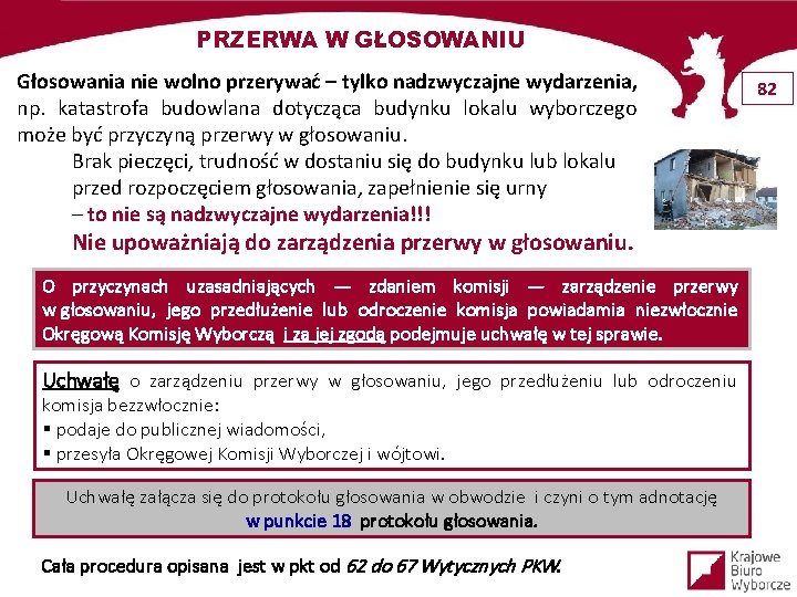 PRZERWA W GŁOSOWANIU Głosowania nie wolno przerywać – tylko nadzwyczajne wydarzenia, np. katastrofa budowlana