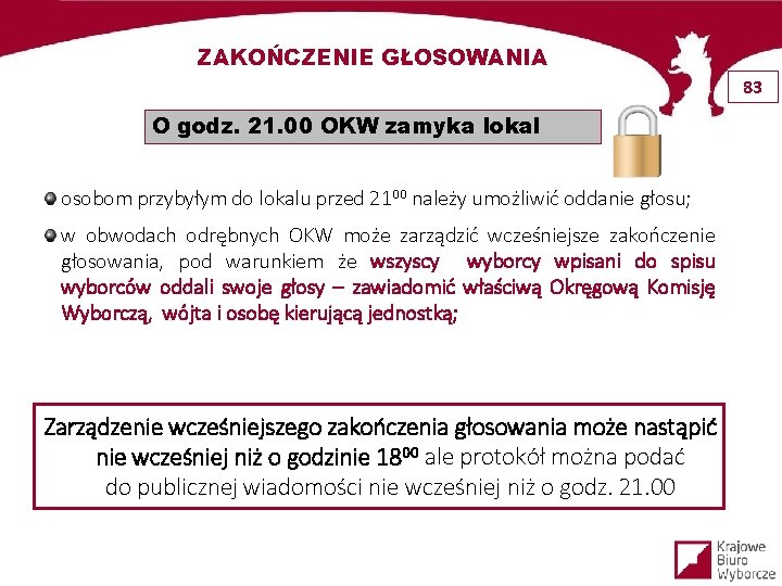 ZAKOŃCZENIE GŁOSOWANIA 83 O godz. 21. 00 OKW zamyka lokal osobom przybyłym do lokalu