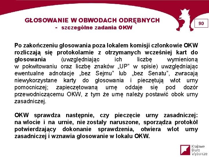 GŁOSOWANIE W OBWODACH ODRĘBNYCH - szczególne zadania OKW 90 Po zakończeniu głosowania poza lokalem