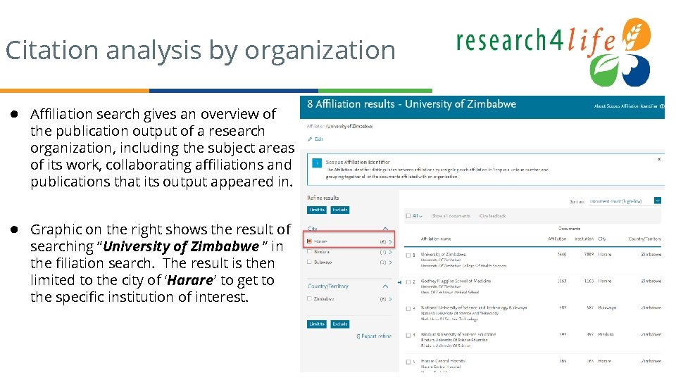 Citation analysis by organization ● Affiliation search gives an overview of the publication output