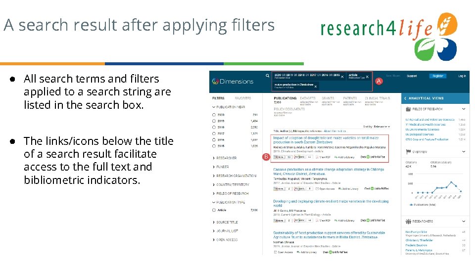A search result after applying filters ● All search terms and filters applied to