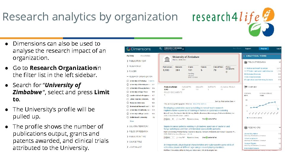 Research analytics by organization ● Dimensions can also be used to analyse the research