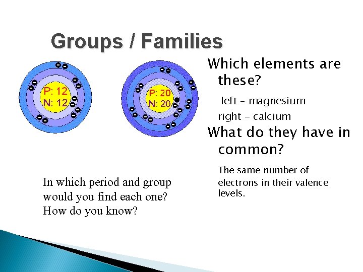 Groups / Families Which elements are these? left – magnesium right - calcium What Groups / Families Which elements are these? left – magnesium right - calcium What