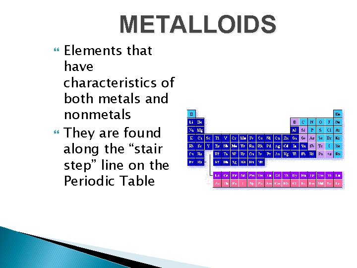 METALLOIDS Elements that have characteristics of both metals and nonmetals They are found along
