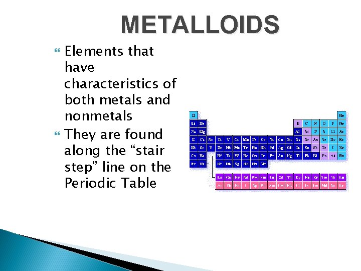 METALLOIDS Elements that have characteristics of both metals and nonmetals They are found along METALLOIDS Elements that have characteristics of both metals and nonmetals They are found along