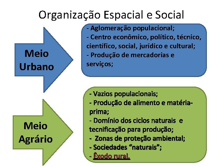 Organização Espacial e Social Meio Urbano Meio Agrário - Aglomeração populacional; - Centro econômico,