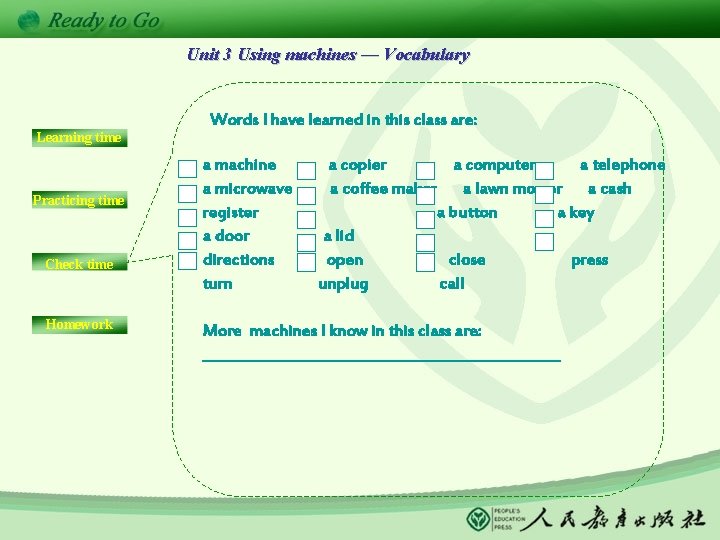 Unit 3 Using machines — Vocabulary Learning time Practicing time Check time Homework Words