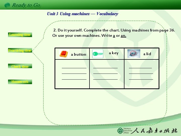 Unit 3 Using machines — Vocabulary Learning time Practicing time Check time Homework 2.