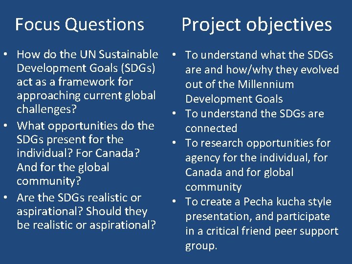 Focus Questions Project objectives • How do the UN Sustainable Development Goals (SDGs) act