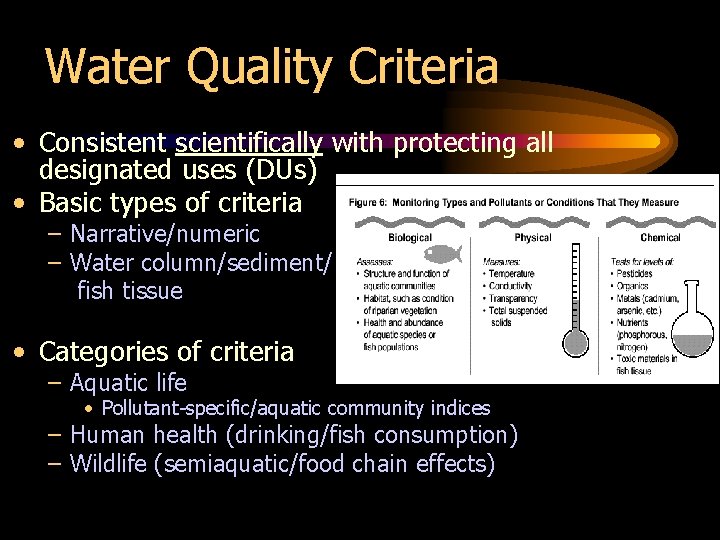 Water Quality Criteria • Consistent scientifically with protecting all designated uses (DUs) • Basic