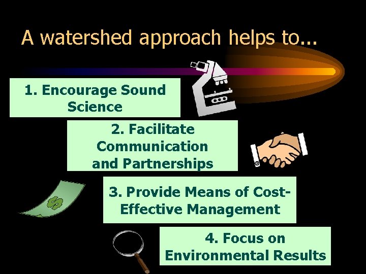 A watershed approach helps to. . . 1. Encourage Sound Science 2. Facilitate Communication