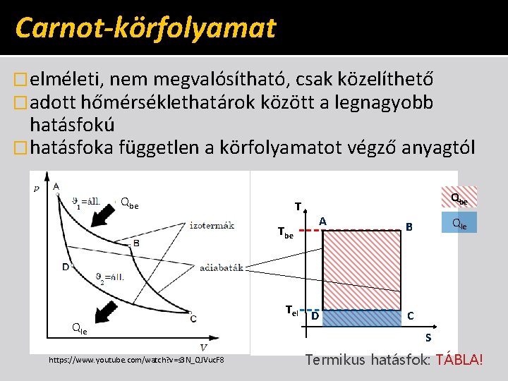 Carnot-körfolyamat �elméleti, nem megvalósítható, csak közelíthető �adott hőmérséklethatárok között a legnagyobb hatásfokú �hatásfoka független Carnot-körfolyamat �elméleti, nem megvalósítható, csak közelíthető �adott hőmérséklethatárok között a legnagyobb hatásfokú �hatásfoka független