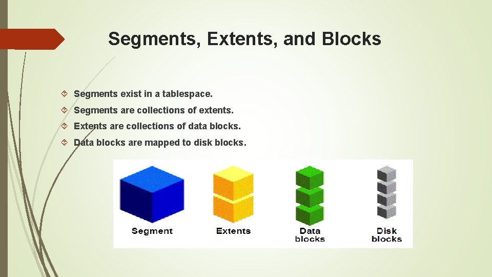 Segments, Extents, and Blocks Segments exist in a tablespace. Segments are collections of extents. Segments, Extents, and Blocks Segments exist in a tablespace. Segments are collections of extents.