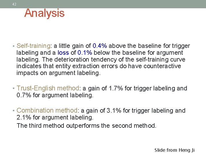 42 Analysis • Self-training: a little gain of 0. 4% above the baseline for