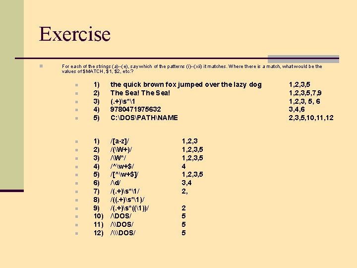 Exercise n For each of the strings (a)--(e), say which of the patterns (i)--(xii)