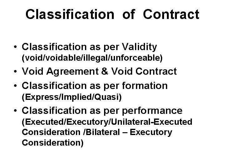 Classification of Contract • Classification as per Validity (void/voidable/illegal/unforceable) • Void Agreement & Void