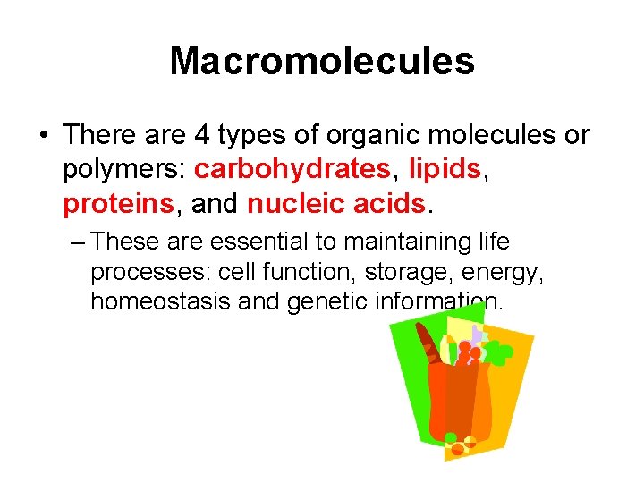 Macromolecules • There are 4 types of organic molecules or polymers: carbohydrates, lipids, proteins,