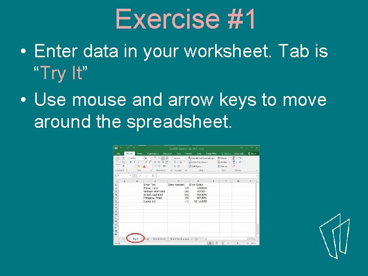 Exercise #1 • Enter data in your worksheet. Tab is “Try It” • Use