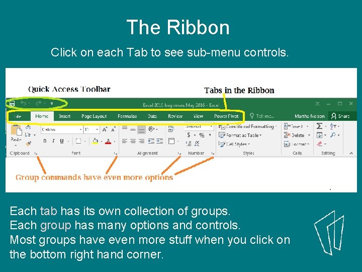The Ribbon Click on each Tab to see sub-menu controls. Each tab has its