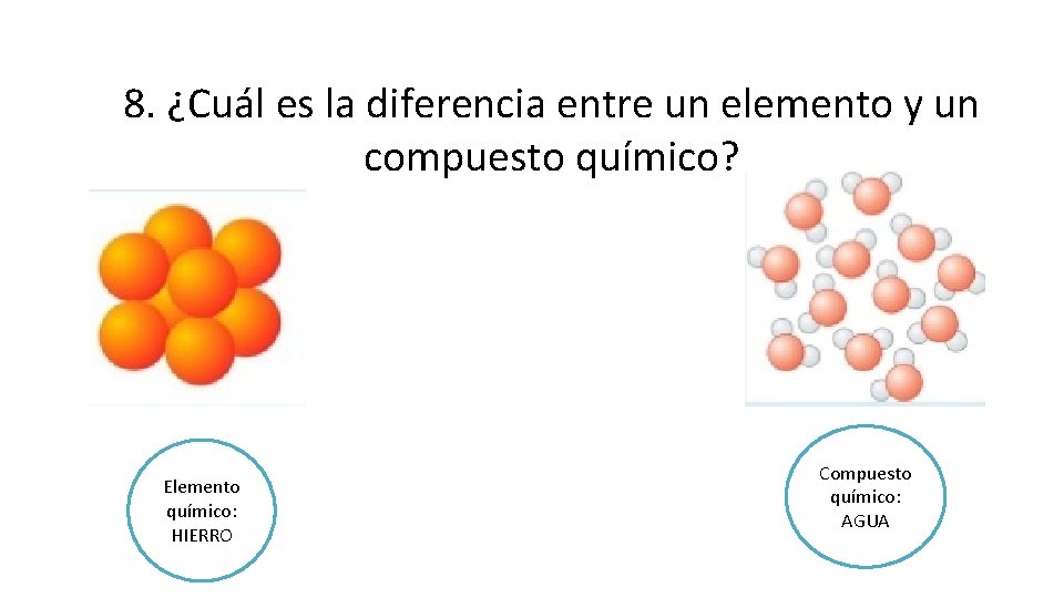 8. ¿Cuál es la diferencia entre un elemento y un compuesto químico? Elemento químico: