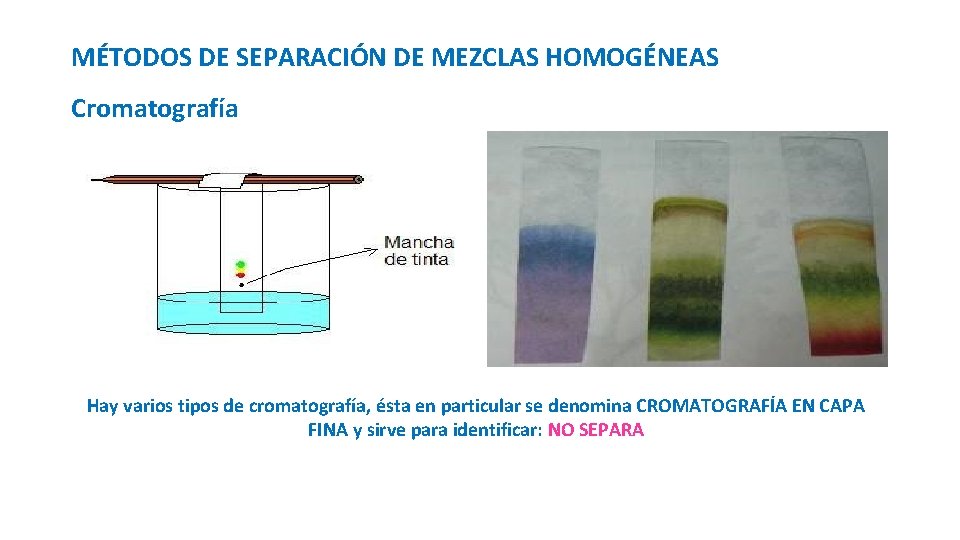 MÉTODOS DE SEPARACIÓN DE MEZCLAS HOMOGÉNEAS Cromatografía Hay varios tipos de cromatografía, ésta en