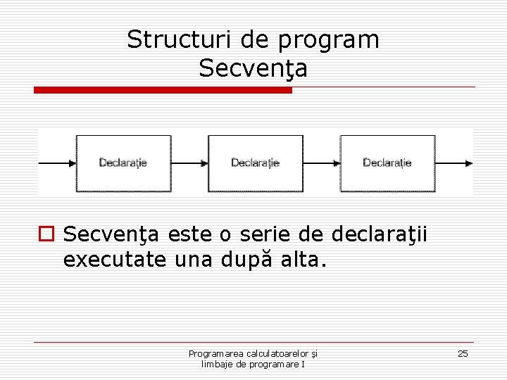 Structuri de program Secvenţa o Secvenţa este o serie de declaraţii executate una după