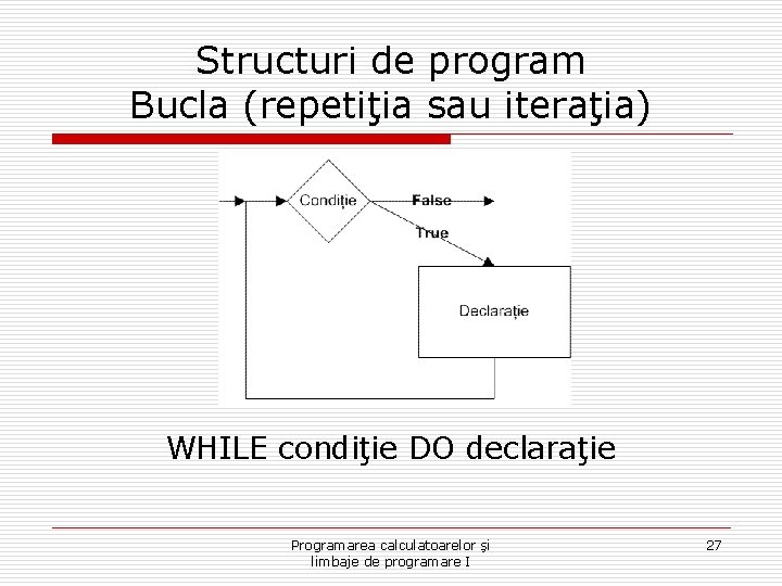 Structuri de program Bucla (repetiţia sau iteraţia) WHILE condiţie DO declaraţie Programarea calculatoarelor şi