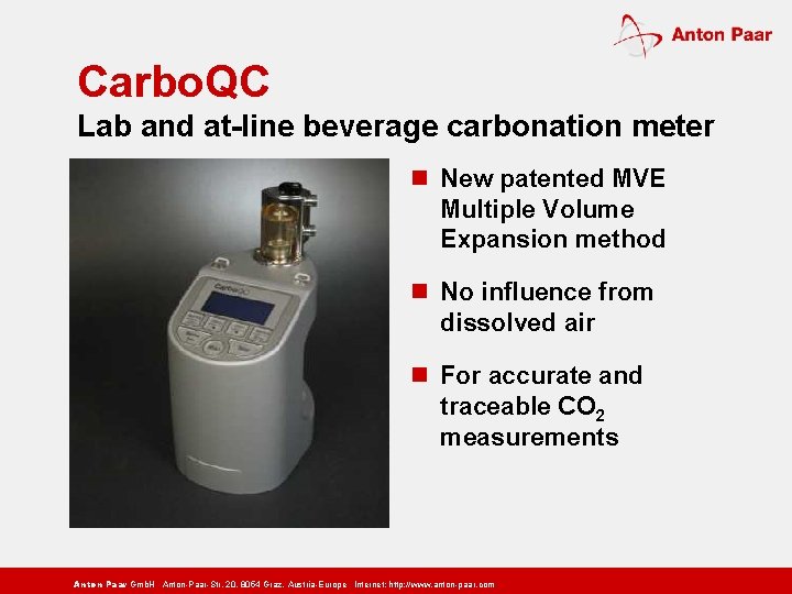 Carbo. QC Lab and at-line beverage carbonation meter n New patented MVE Multiple Volume
