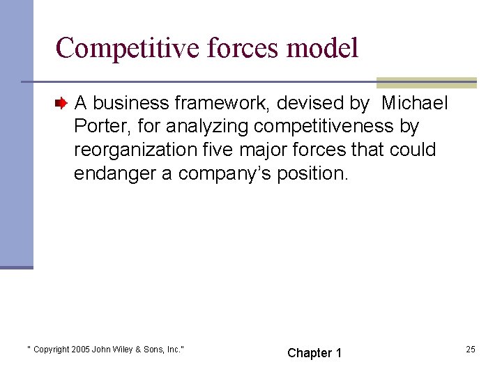 Competitive forces model A business framework, devised by Michael Porter, for analyzing competitiveness by