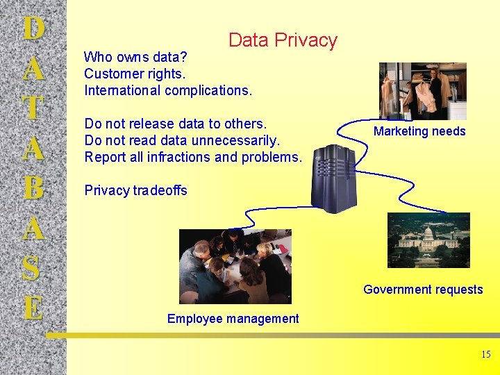 D A T A B A S E Data Privacy Who owns data? Customer