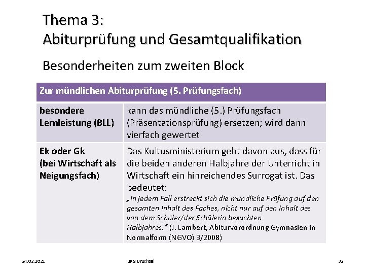 Thema 3: Abiturprüfung und Gesamtqualifikation Besonderheiten zum zweiten Block Zur mündlichen Abiturprüfung (5. Prüfungsfach)